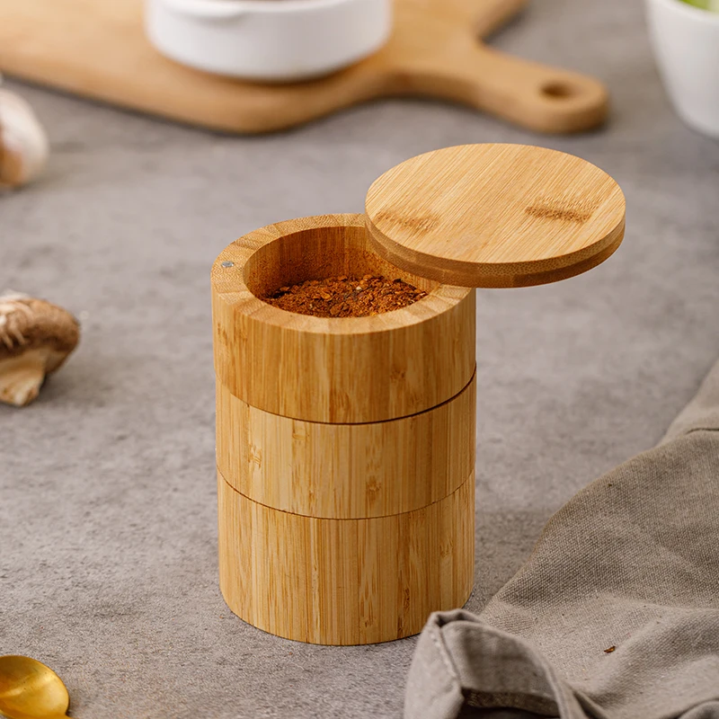 Bamboo Triple Salt Box Wood spice Box 3-Tier Round Bamboo Box for Salt or Spice with Magnetic Swivel Lid Spice Storage Box