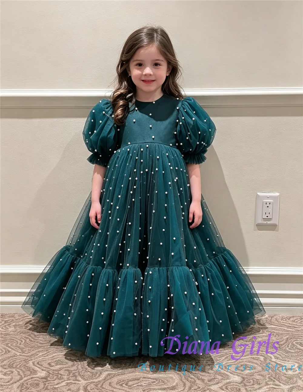 New Quality Pearl Applique Flower Girl Dress Green Tulle Fluffy For Kids Baptism Wedding Birthday Party Evening Ball Gowns