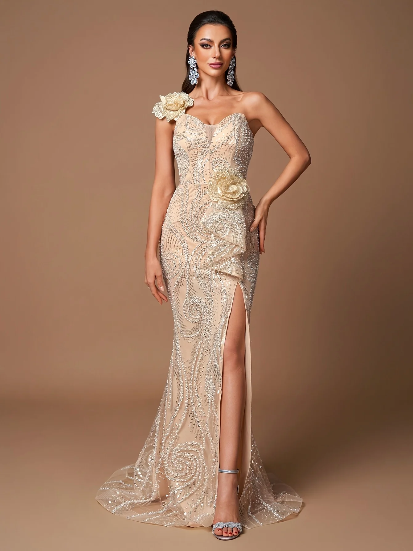 Personalize o mais recente vestido de noite feminino elegante de um ombro em 2025 com detalhes florais 3d e saia rabo de peixe com lantejoulas