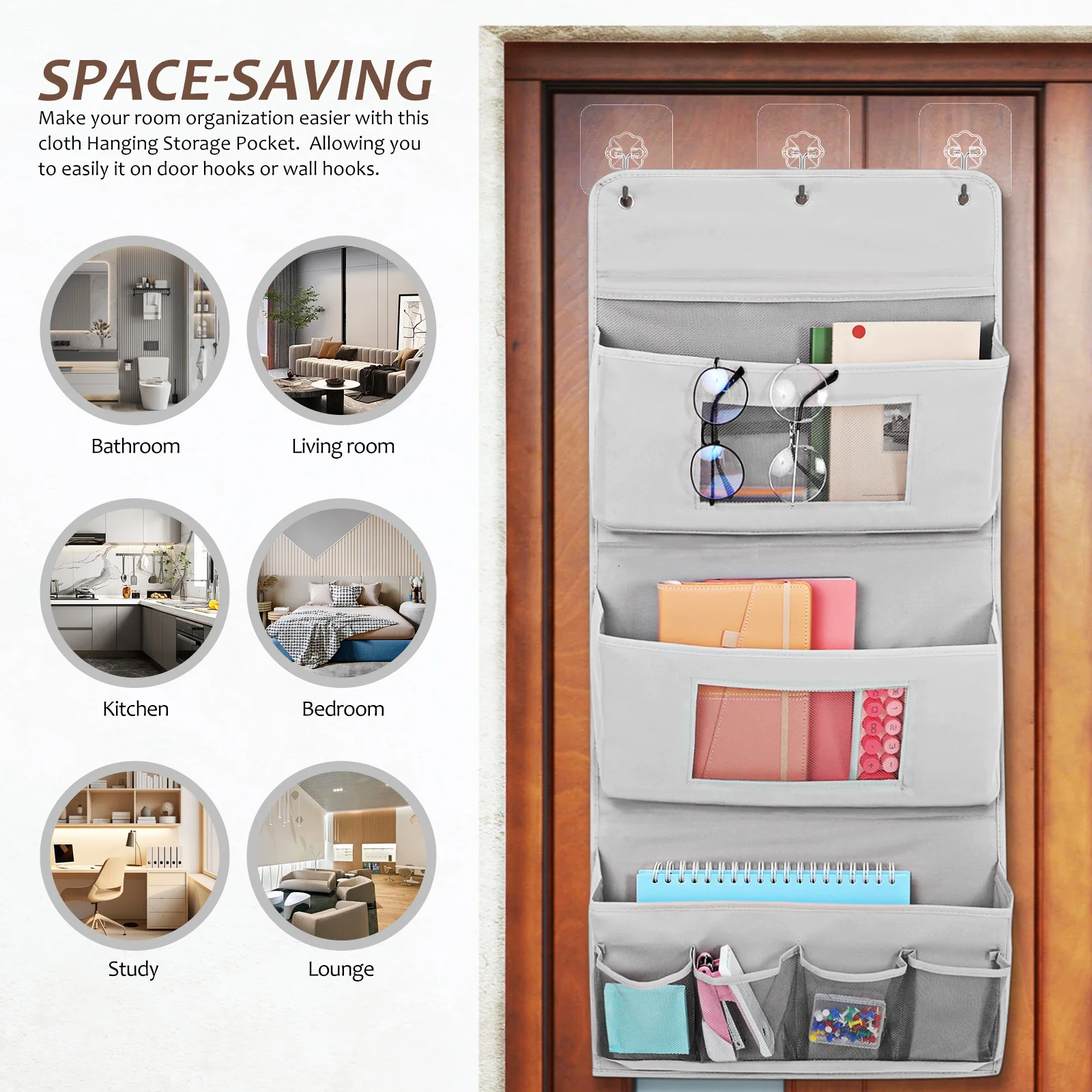 Organizador colgante sobre la puerta, bolsa de almacenamiento de tela, organizador de bolsillos de pared, múltiples bolsillos, fácil de limpiar, ahorro de espacio