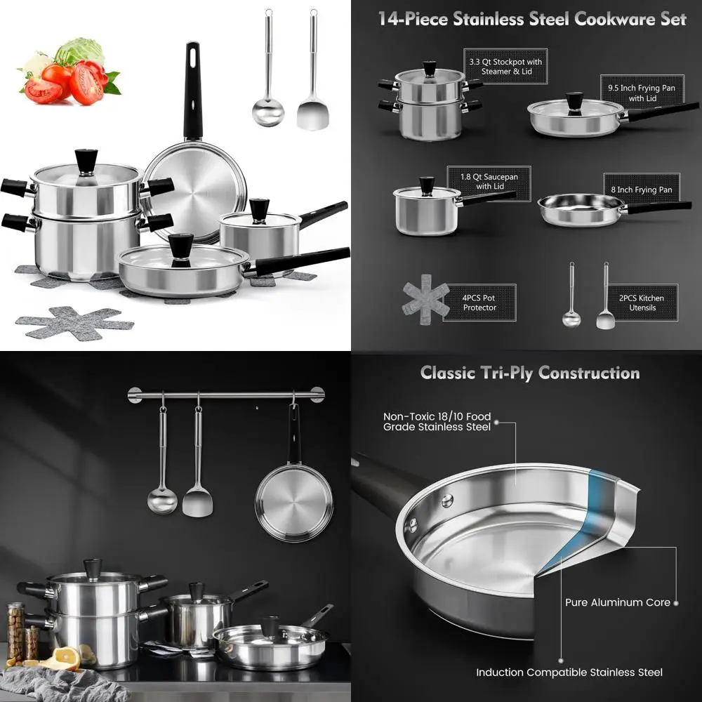 

All-Stove 14-Piece Cookware Set with Cool Handles, Stainless Steel Pots and Pans, Dishwasher Safe