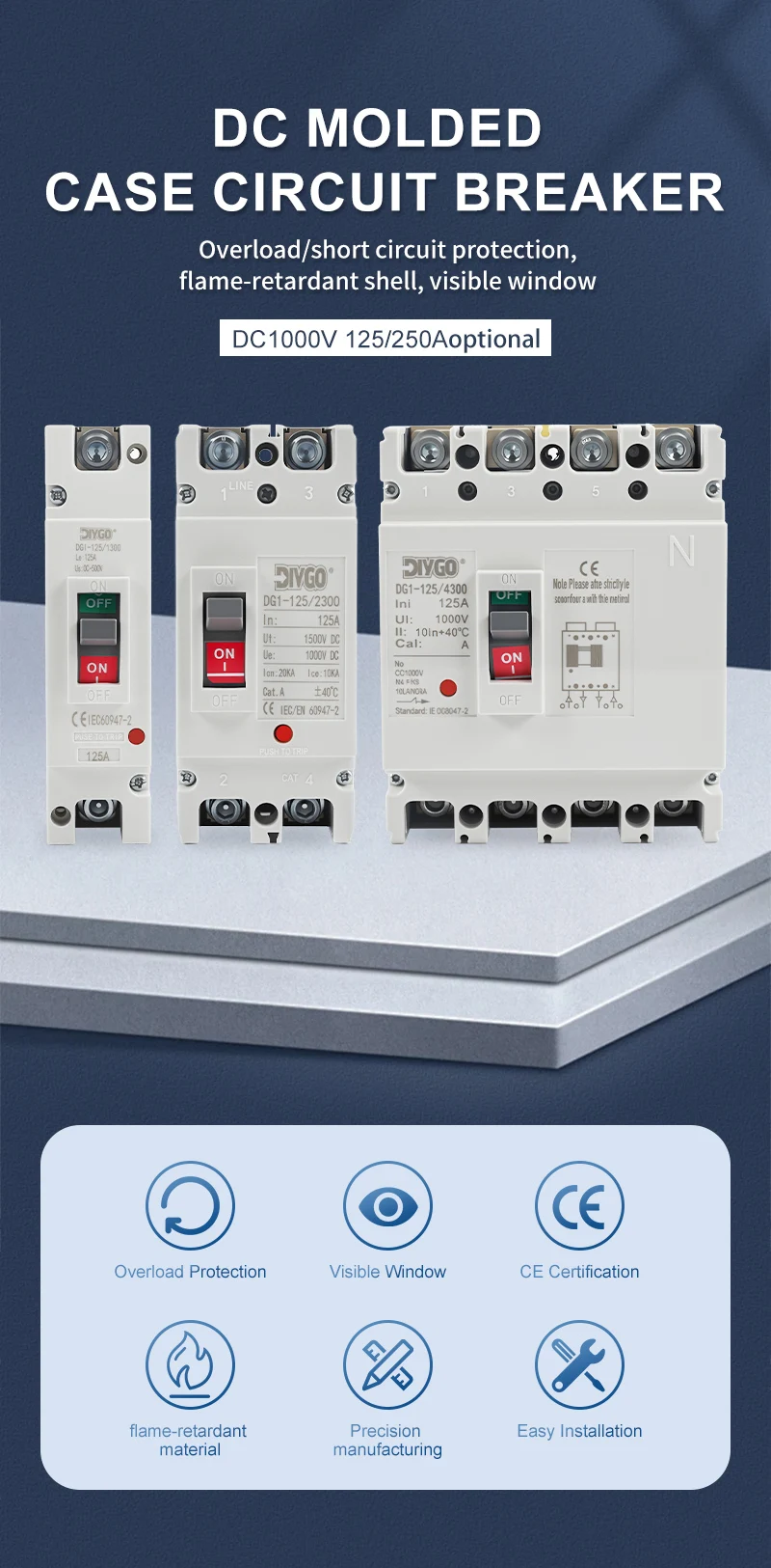 DIY GO 1P 2P 4P DC MCCB 500V 1000V PV Leitungsschutzschalter Überlastschutzschalter für Solarphotovoltaik – Detail 1
