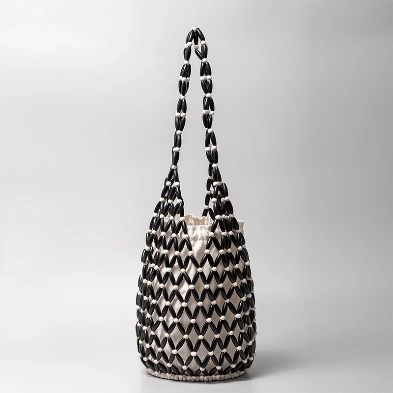 Hollow Wooden Bead Shoulder Bag with Inner Pouch,Handmade Woven Beaded Handbag,Summer Beach Travel Vacation Women Bucket Bag
