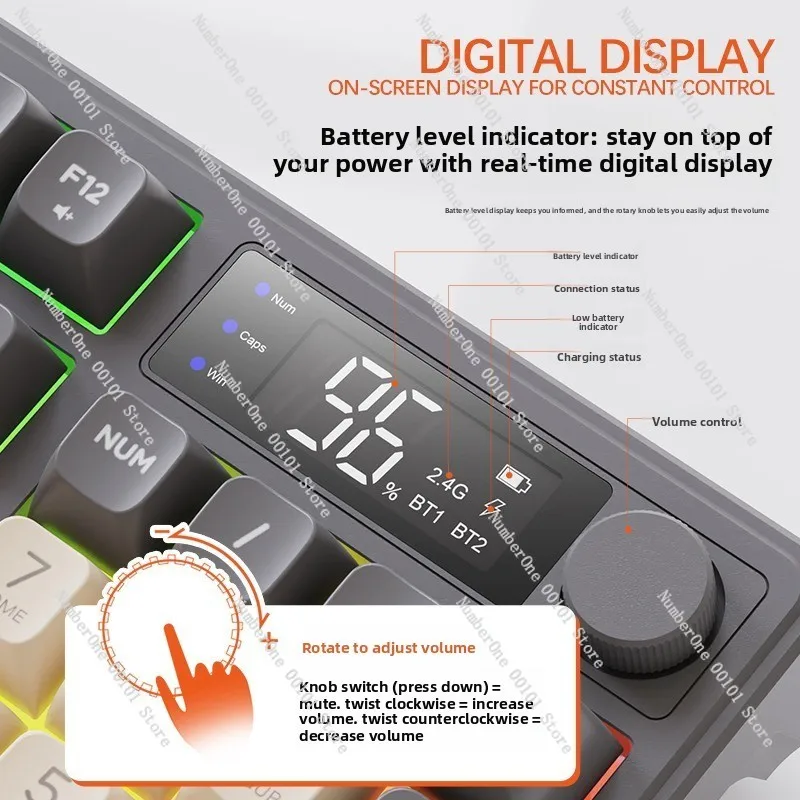 Dual Mode Bluetooth Wireless Keyboard Rechargeable Mute Flat PBT Keycap with LED Display for Laptop Mac PC