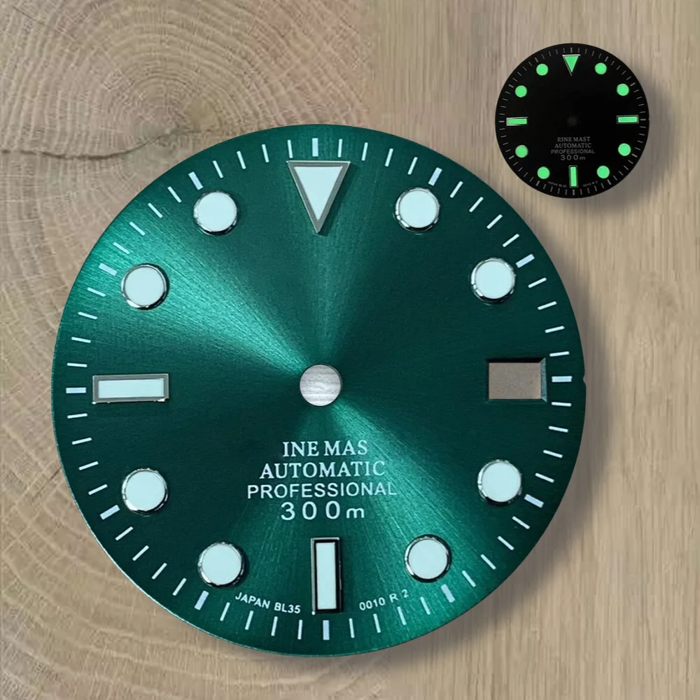 28.5mm S Logo SUB Sunburst Dial Fit NH35/NH36 Japanese Movement Green Luminous High-Quality Watch Modification Accessories