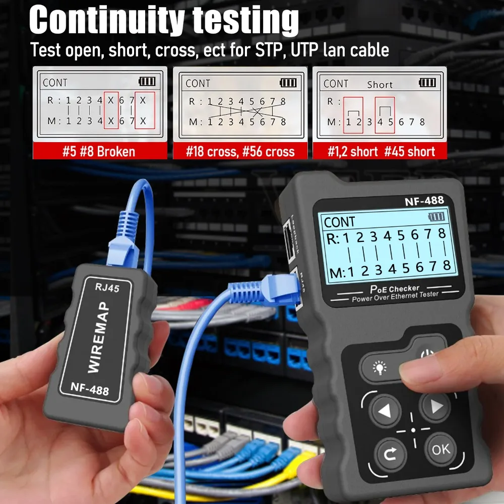

NOYAFA NF-488 PoE Power Test Network Cable Tracker Voltage Checker Over the Ethernet Cat5 Cat6 Online Lan Tester Tools Switch