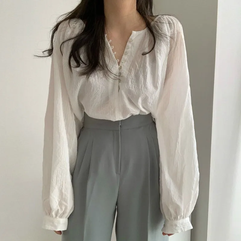 Women\'s Chic Long-sleeved Thin Shirt Elegant Solid Color Loose Blouse All-Match Comfortable Korean Version Summer Outfits