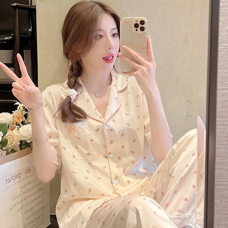 Elegant Flowers Print Three-piece Pajamas for Women Simulated Silk Classic Female Casual Lounge 2024 New Spring Lady Sleepwear