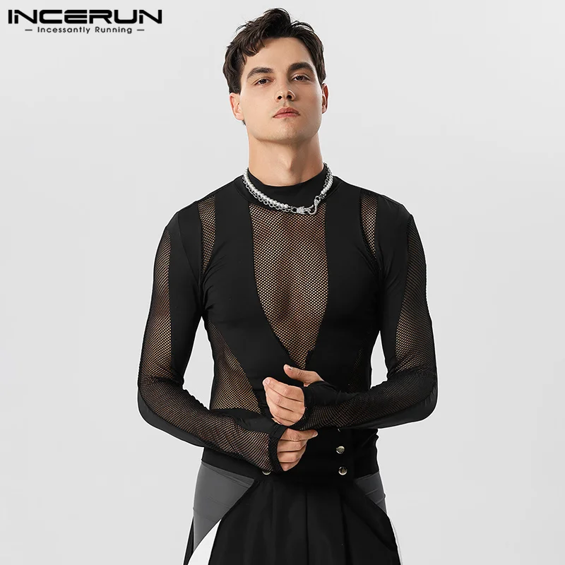 2023 Männer Bodys Mesh Patchwork Roll kragen pullover Langarm sexy Stram pler Männer T-Shirt transparente Fitness Party Bodys Incerun