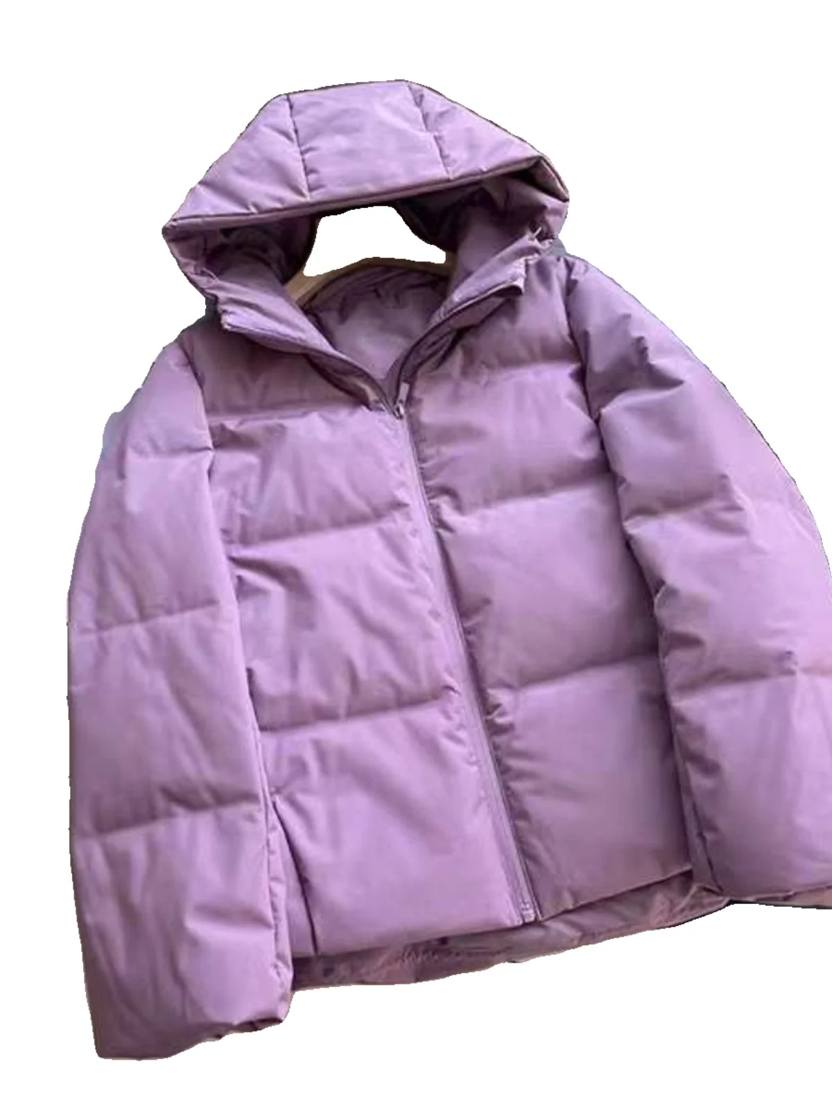 Zimowa damska kurtka puchowa z kapturem, ocieplana, biała, z puchu, prosta, do pracy, elegancka.