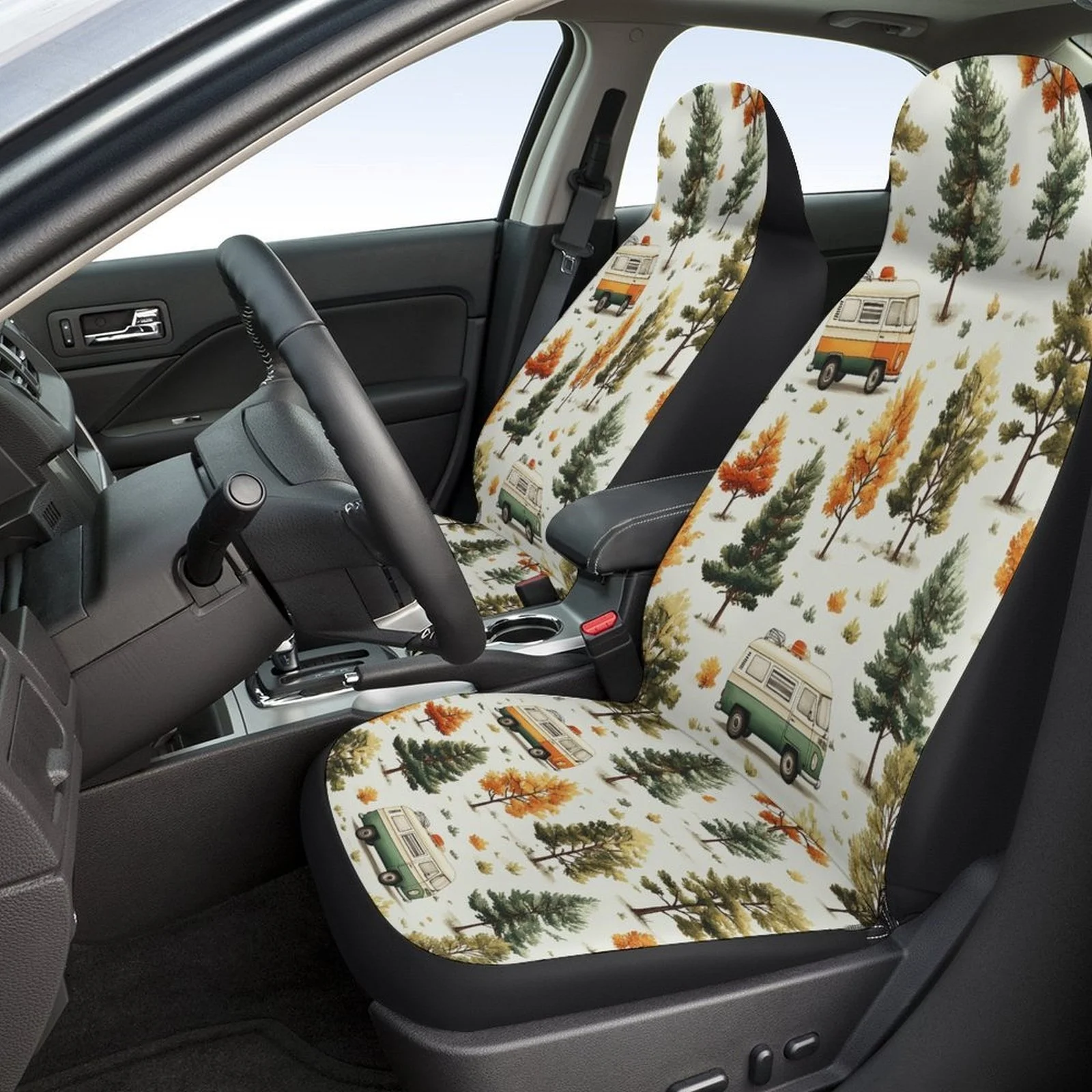 Forest Van Adventure Themed Car Seat Cover Set - Trendy High-Quality Polyester Full Set For 2 Front & Rear Seats, Fashionable De