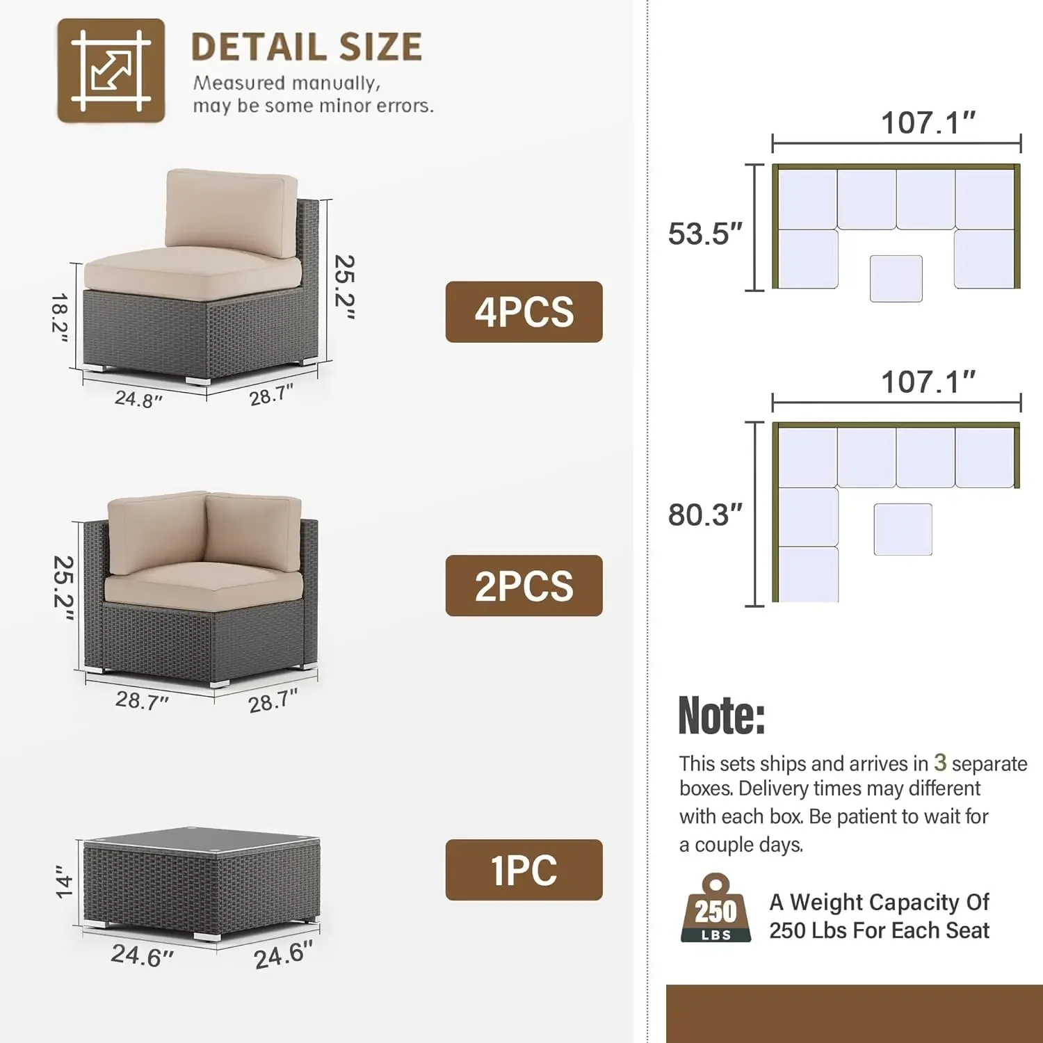 WUNICEF-Canapé sectionnel d'extérieur, ensemble de conversation modulaire, coussins lavables, table basse en verre, en rotin PE