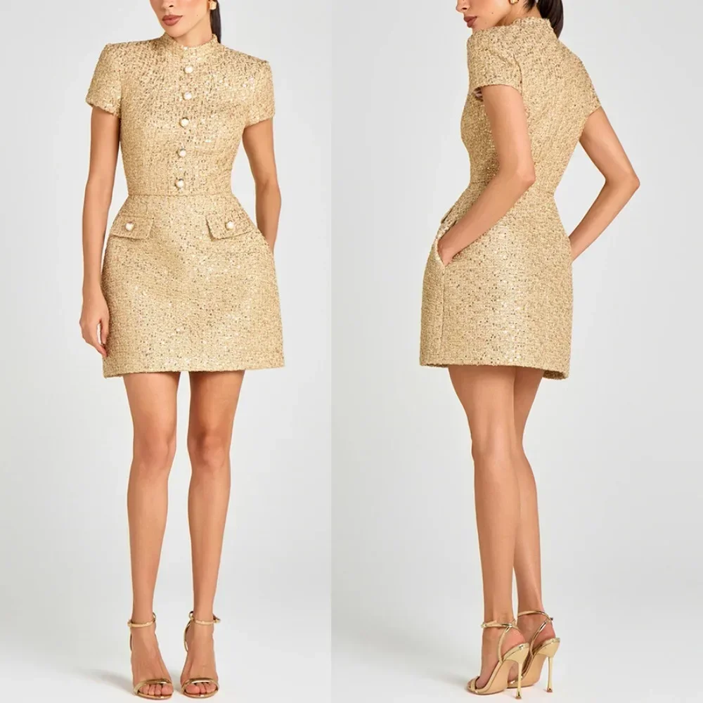 European American Women Autumn Winter New High Neck Short Sleeve Thick Mini Dress Daily Party Dress
