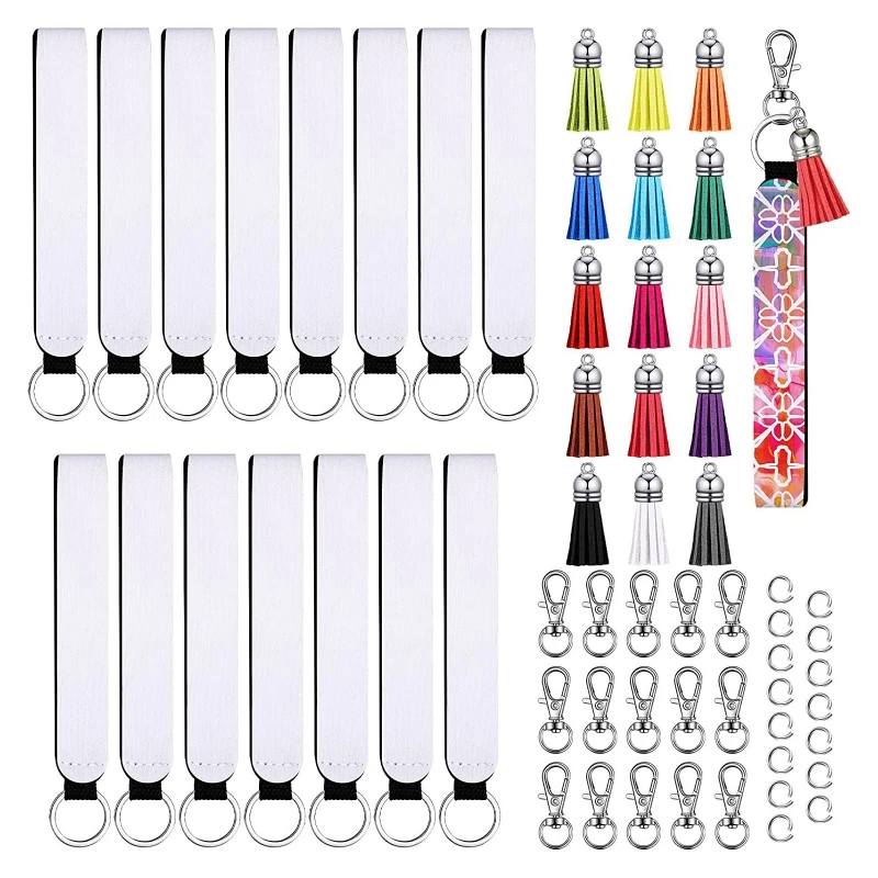 60Pcs Sublimation Blank Keychain Set 15Pcs Neoprene Dive Wrist Straps 15Pcs Jump Rings 15Pcs Tassels 15Pcs Lobster Clasp