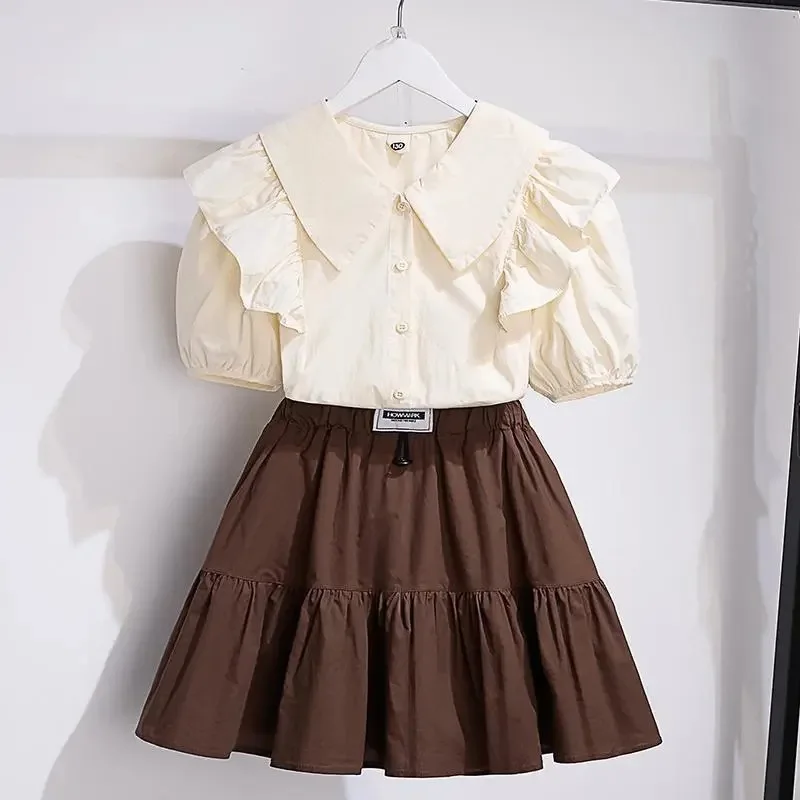 2024 New Girls Summer Academy Style Set Children's Peter Pan Collar Shirt and A-line Cake Skirt Two Piece Set