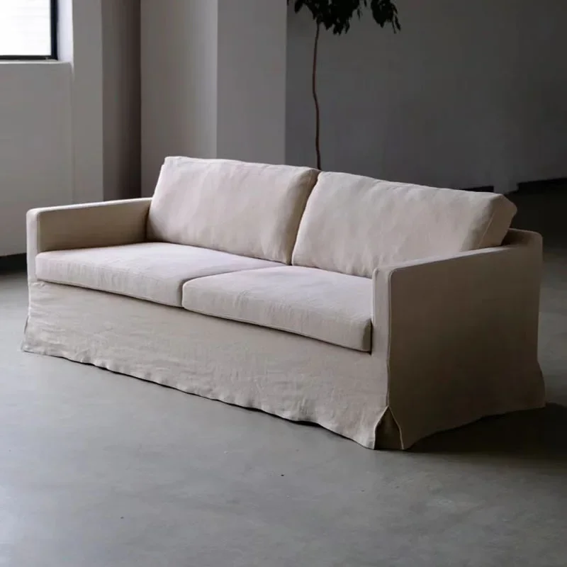 Canapé double pour trois personnes en tissu lin, entièrement démonté et lavé, meubles rétro B & B inn