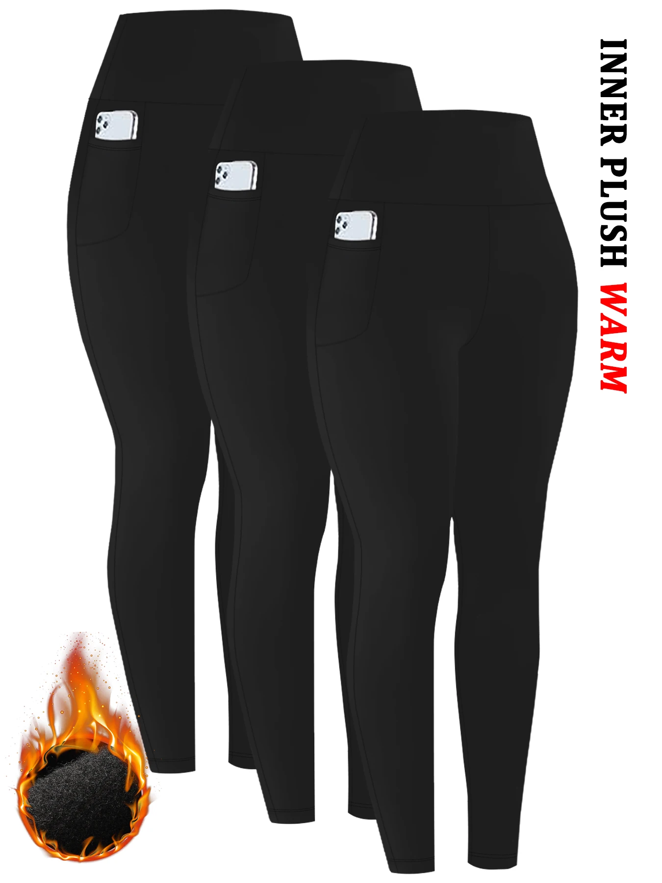 

Комплект из 3 женских леггинсов на термофлисовой подкладке с высокой талией и карманами, зимние теплые толстые колготки для тренировок, мягкие брюки для бега для йоги