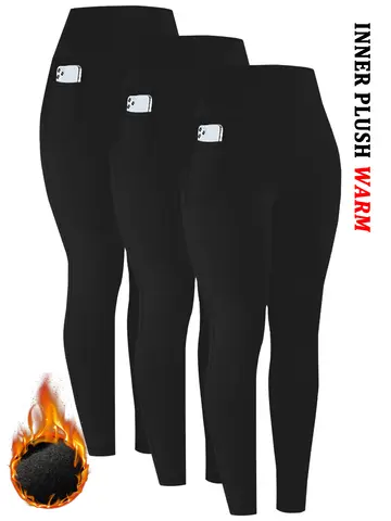 Lot de 3 leggings thermiques doublés en polaire pour femme, taille haute, avec poches, collants chauds et épais, pantalons de course et de yoga doux pour l'hiver