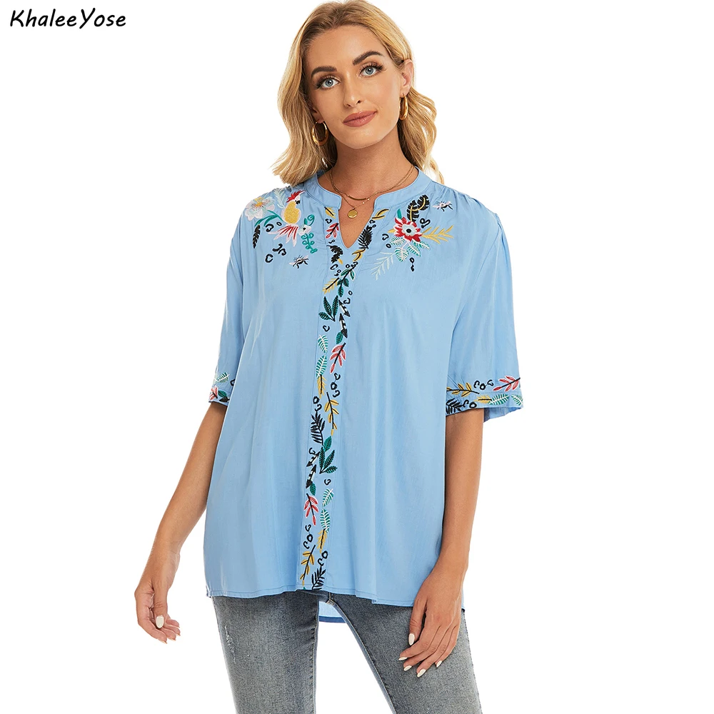 KHALEE YOSE Floral Embroidery Blouse Shirt Cotton Summer Chic Mexican Women Shirt Blue Loose 2xl 3xl Ethnic Ladies Shirt Tops