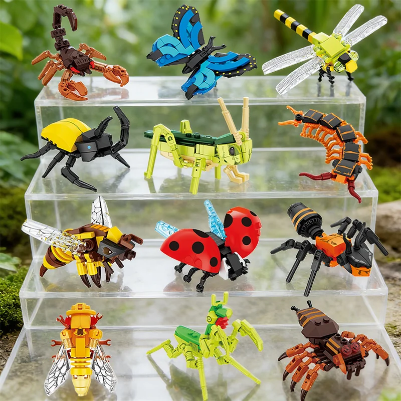 

Конструктор из блоков в виде насекомых: пчела, жук, божья коровка, бабочка, дикие животные. Игрушки-конструкторы для детей, декор для мальчиков, подарок на день рождения.