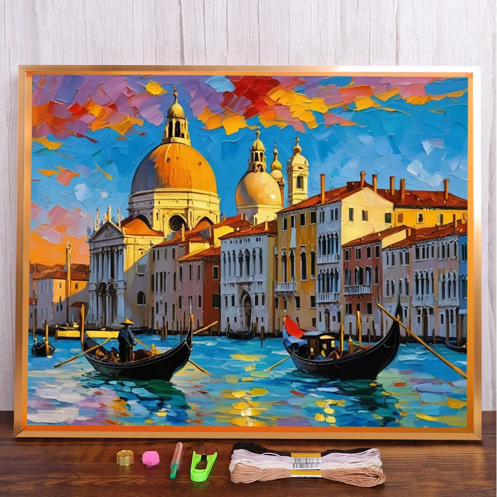 Landscape Town By River Pre-Printed Cross Stitch Full Kit Embroidery Knitting Craft Handmade Painting Mulina Different Wholesale