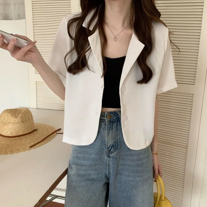 Casual Cropped White Blazers Women Korean Chic Two Buttons Suit Jacket Ladies 2024 Spring Summer Thin Short Sleeve Coats Woman