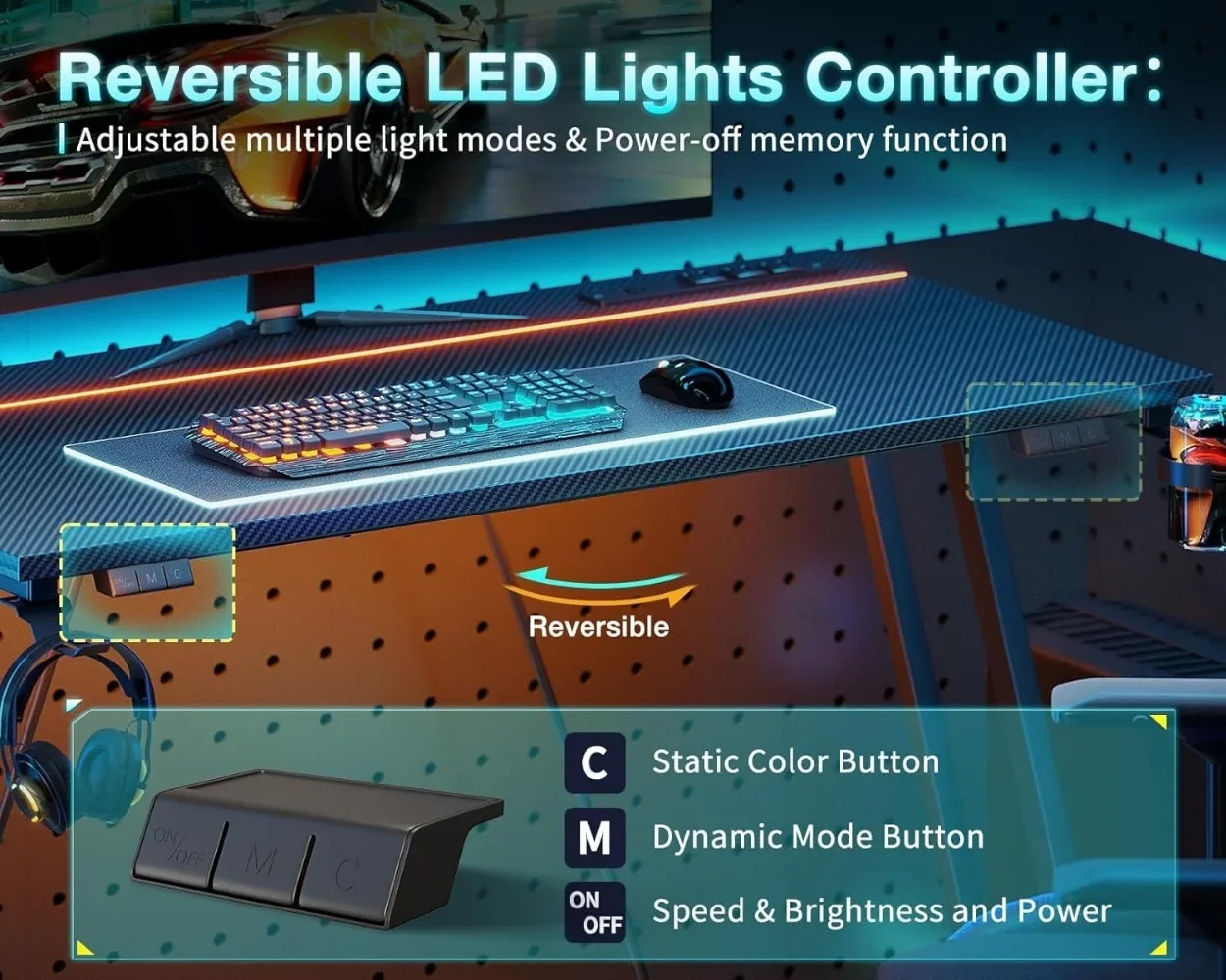 Mesa de computador de 31,5 polegadas com luzes LED e tomada de energia para espaços pequenos, mesa de jogos barata com textura de fibra de carbono, preta