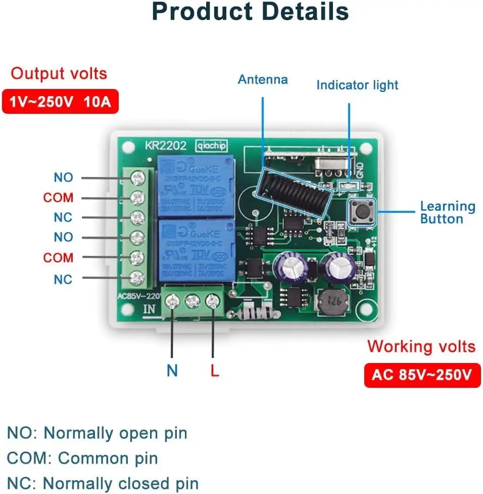 QIACHIP 433Mhz Bezprzewodowy Przełącznik RF, 2 Kanały AC 110V/220V/230V/240V Odbiornik Przekaźnikowy z Pilotami (3 Przyciski) — zdjęcie produktu 4