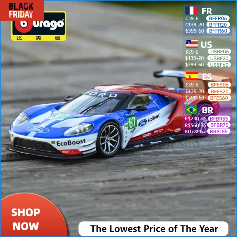 Bburago 1:32 2017 Ford GT #66 #67 Le Mans Alloy Racing Car Model Diecasts Metal Toy Sports Car Model Simulation Childrens Gifts