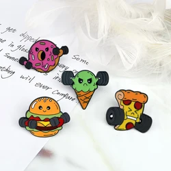 Food & Dumbbell Brooch for Fitness Lover Cartoon Hamburger Pizza Donuts Ice Cream Exercise Enamel Pin Creative Denim Lapel Badge