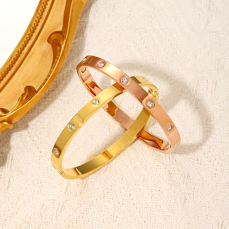 Stainless Steel Love Bangle 18K Gold Plated CZ Crystal Inlaid Bracelet Classic Stackable Wrist Jewelry Gift for Women