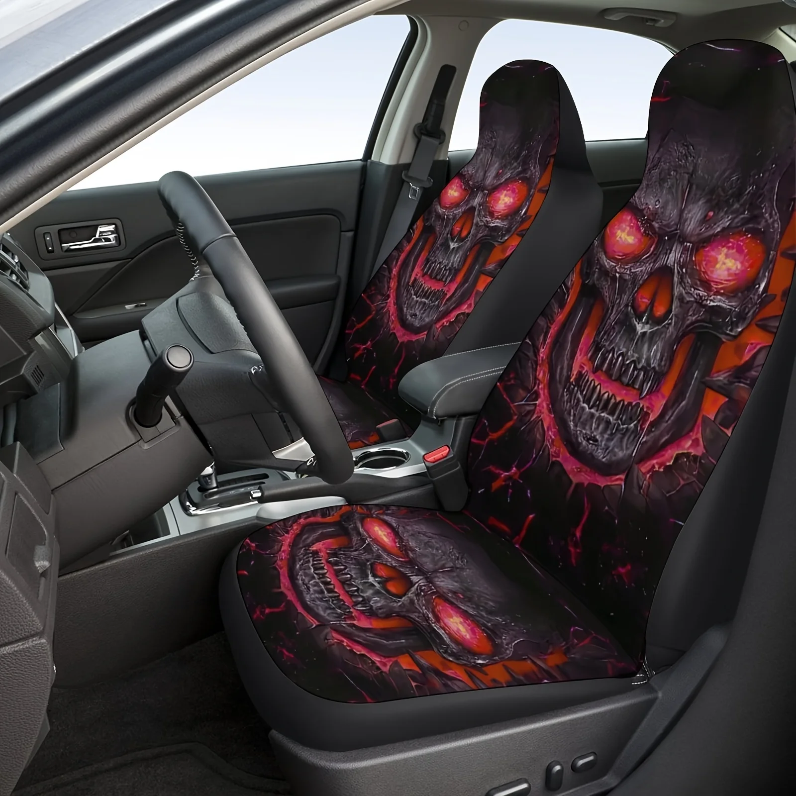 

Set Of 2 Red Skull Pattern Car Covers - Suitable For Sedans, Suvs, Coupes, And Trucks | Stylish Automotive Interior