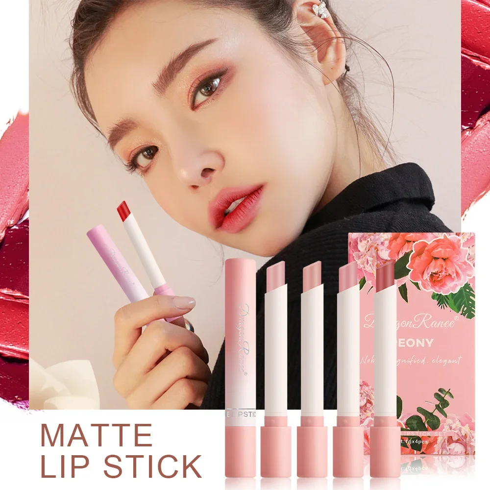 4 Pcs Matte Lipstick Set Moisturizing Texture Waterproof Long-lasting Non Fading Flower Fragrance Fashion Easy To Apply Lipstick