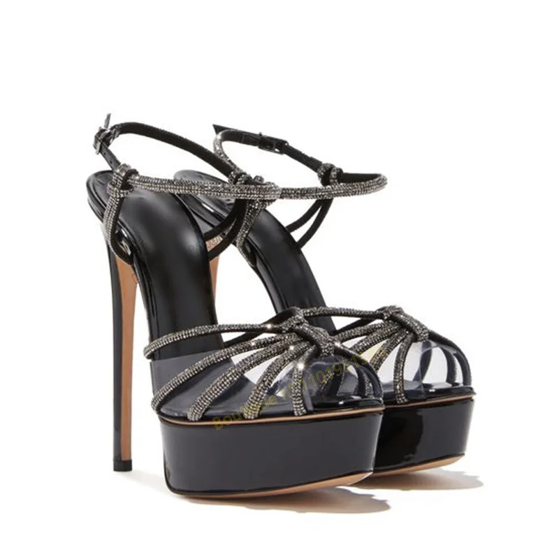 Black Crystal Bow Knot Platform Sandals Peep Toe Spike High Heel Shoes for Women Ankle Buckle Shoes on Heels Zapatos Para Mujere