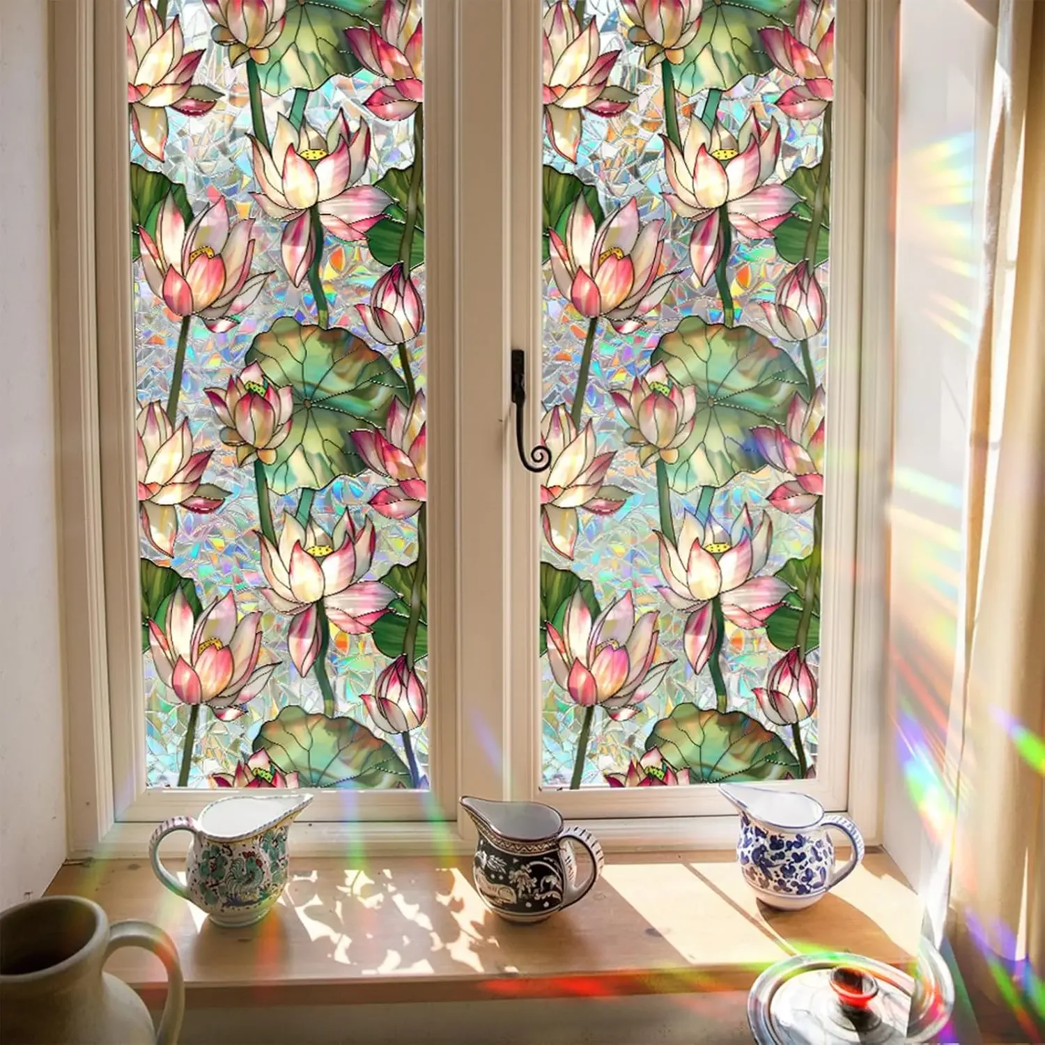 Lotus Flowers Stained Glass Window Film, Rainbow Window Film Glass Decals Static Cling Stickers, Windows Tint for Home Bathroom