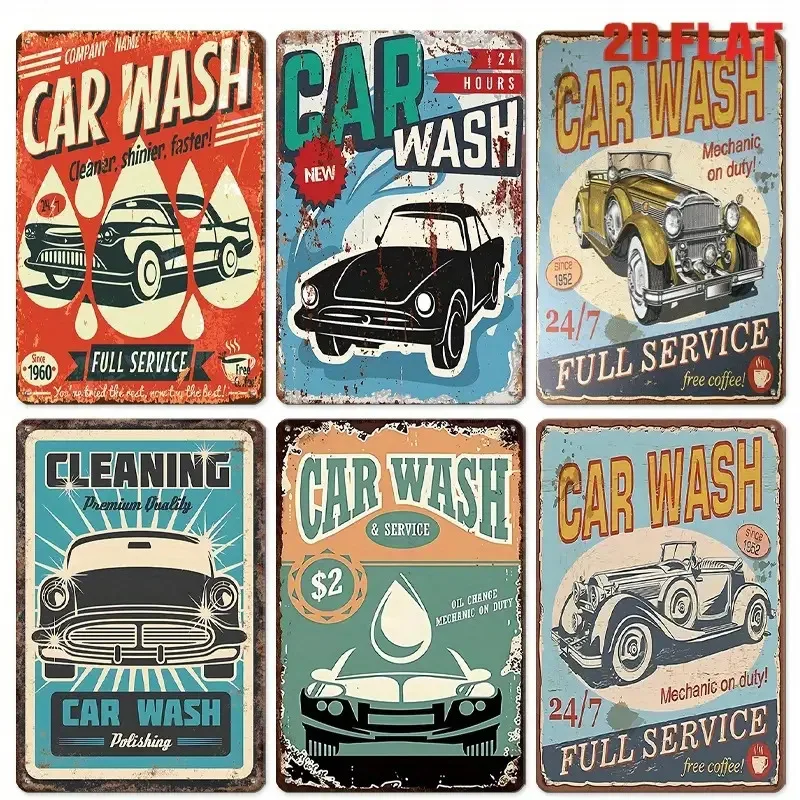 Set of 6 Vintage Metal Signs for Garage And Auto Repair - 8.0X12.0 inch Retro Style from The 1950S-70S, Ideal for Car Wash, Mech