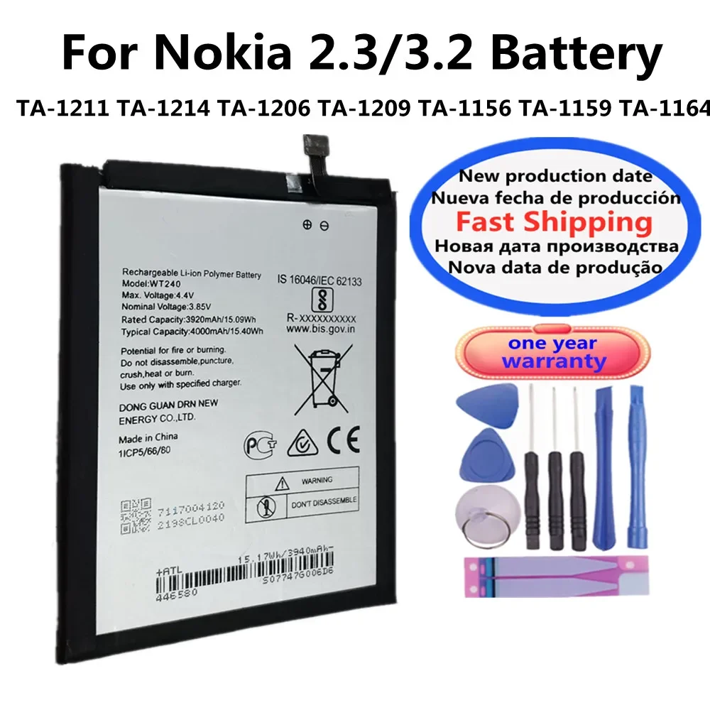 

High Quality 4000mAh WT240 Original Battery For Nokia 2.3 3.2 TA-1211 TA-1214 TA-1206 TA-1209 TA-1156 TA-1159 TA-1164 Battery