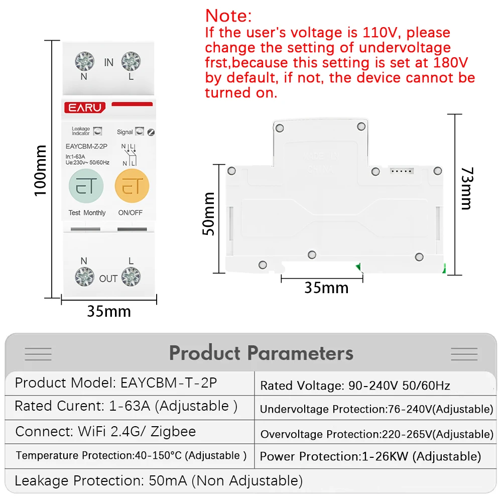 TUYA ZigBee WiFi Smart Circuit Breaker Energy Power Consumption Meter Time Relay Switch Adjustable Leakage Voltage Protection