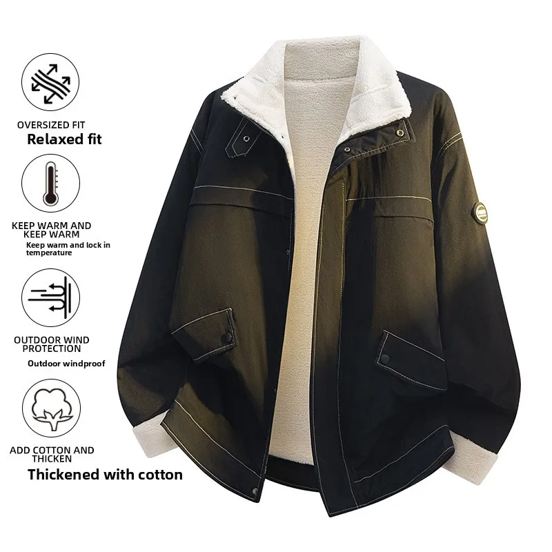 

2025 New Cotton Jacket for Men and Women, Loose Fit, Autumn and Winter Trendy Brand, Stand Collar Workwear, Sherpa Fleece Coat
