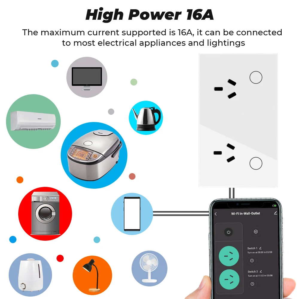 tuya 15A  AU Argentina Panel Wall Socket WIFI White Crystal Glass Touch Timmer Power Outlet Smart Home Voice Google Home Alexa