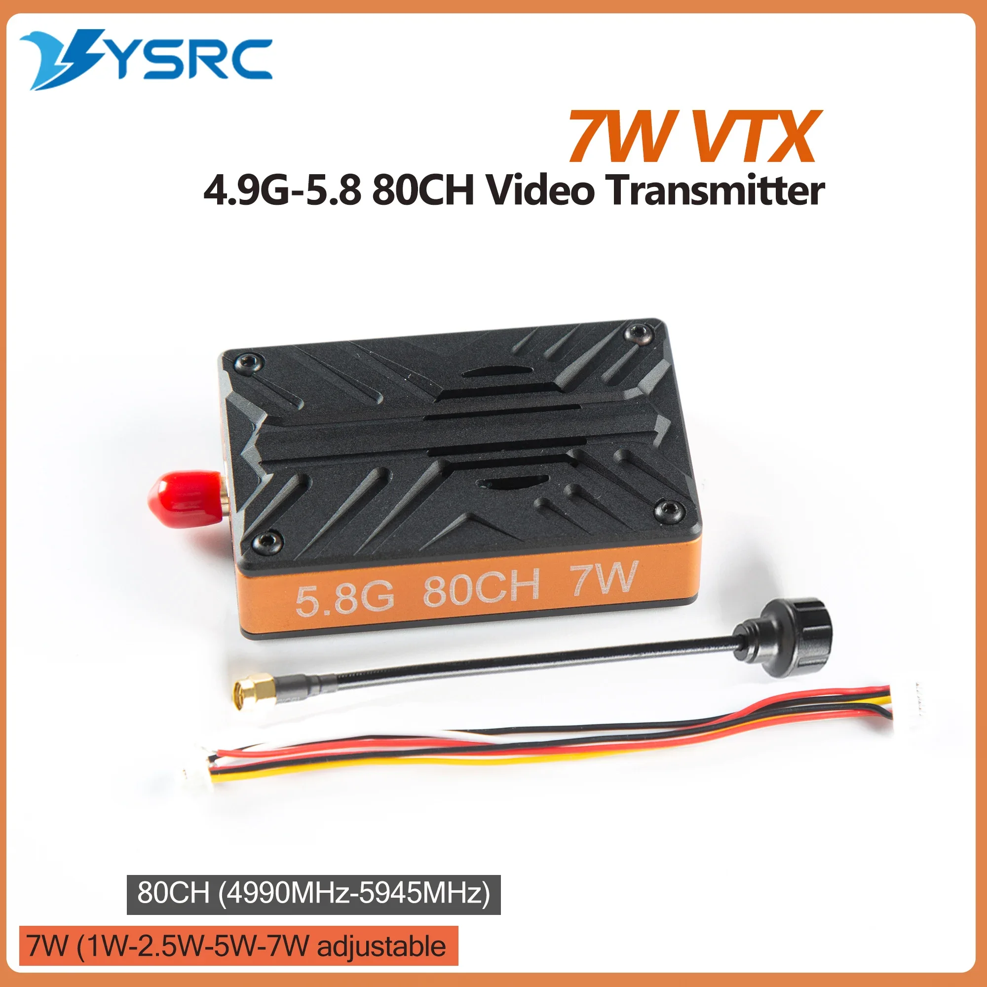 AeroParts4.9G 5.8G 7W VTX 4.9Ghz-6Ghz 80CH Video Transmitter Support 2S-8S With CNC Shell For RC FPV Long Range Fixed-wing Drone