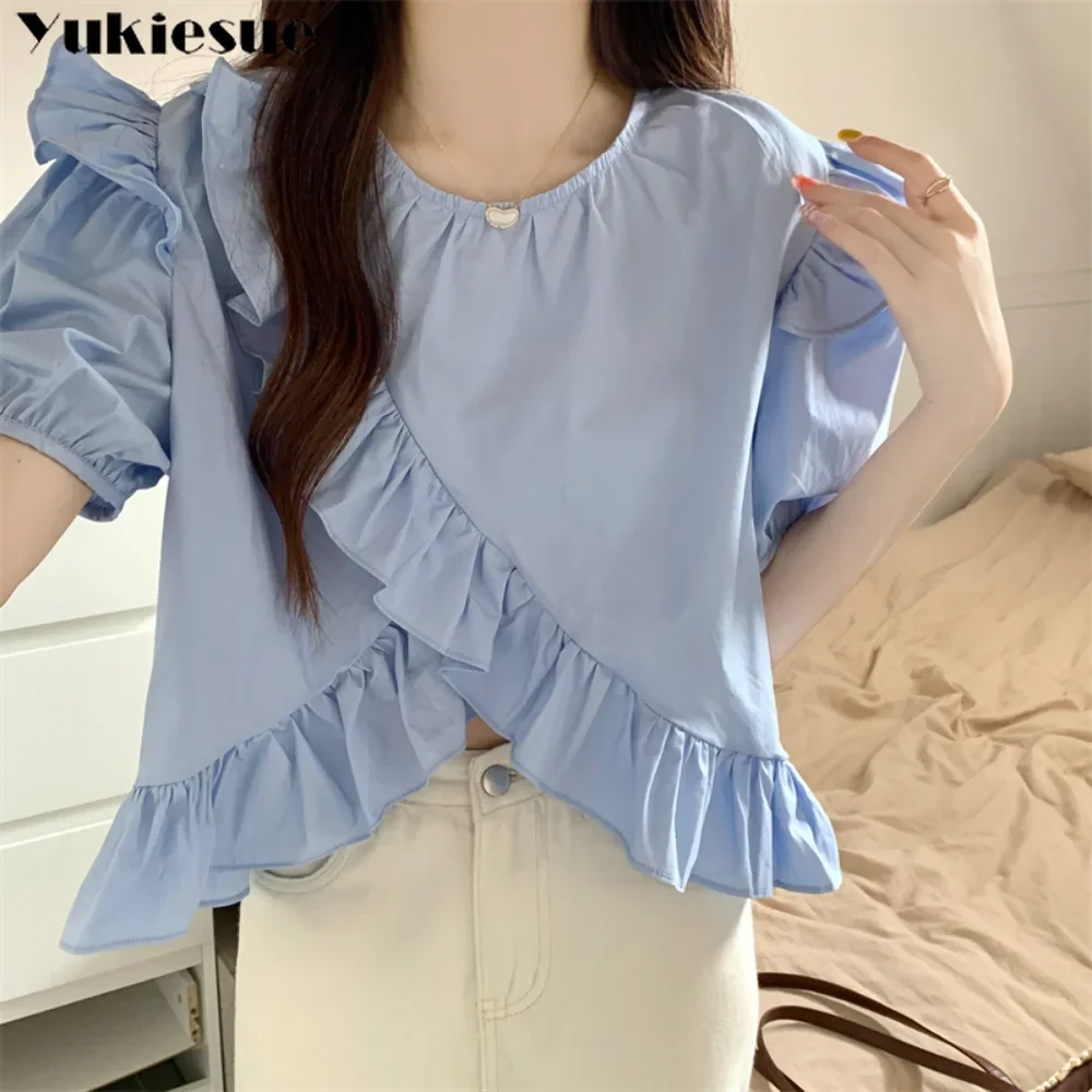 

New Summer Woman Korean Elegant Casual Puff Sleeve Loose Ruffles Shirts Blouses Blouse Tops Sweet Irregular Top Languid Wind