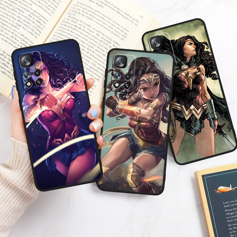 Cute Wonder Woman For Redmi Note 13 12 Turbo 11T 11P 11E 11S 10T 10S 10 9 Pro Plus Max Silicone Black Phone Case