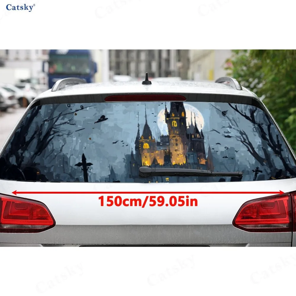 Stunning Halloween Castle with Pumpkin Lights PVC Perforated Car Vinyl Wraps, Durable Car Rear Windshield Sticker, Waterproof Ca