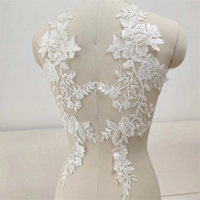 

A Pair Bridal Lace Fabric with Floral Edging DIY Embroidered Material Front Chest Decor Wedding Dresses Accessories