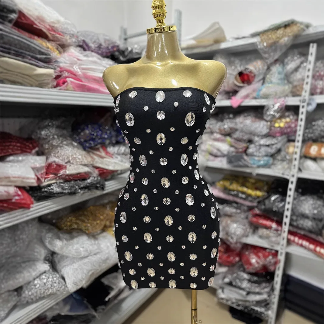 

Women Black Strapless Crystal Bodycon Mini Bandage Dress Evening Club Party One Piece Dresses High Street Elastic Nighwears
