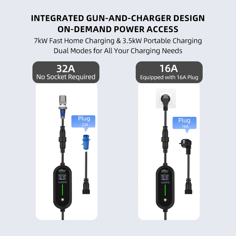32A 7.2KW Type2 Type1 EV Charger Portable GB/T TS-NACS Electric Vehicle Charger EVSE Charging Cable WiFi Bluetooth APP Control