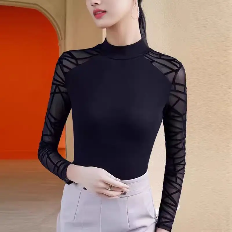 Five-point Sleeve T-shirt Women's Hollow Black Slim Shirt Half High Neck Fashionable Versatile Top WJ141