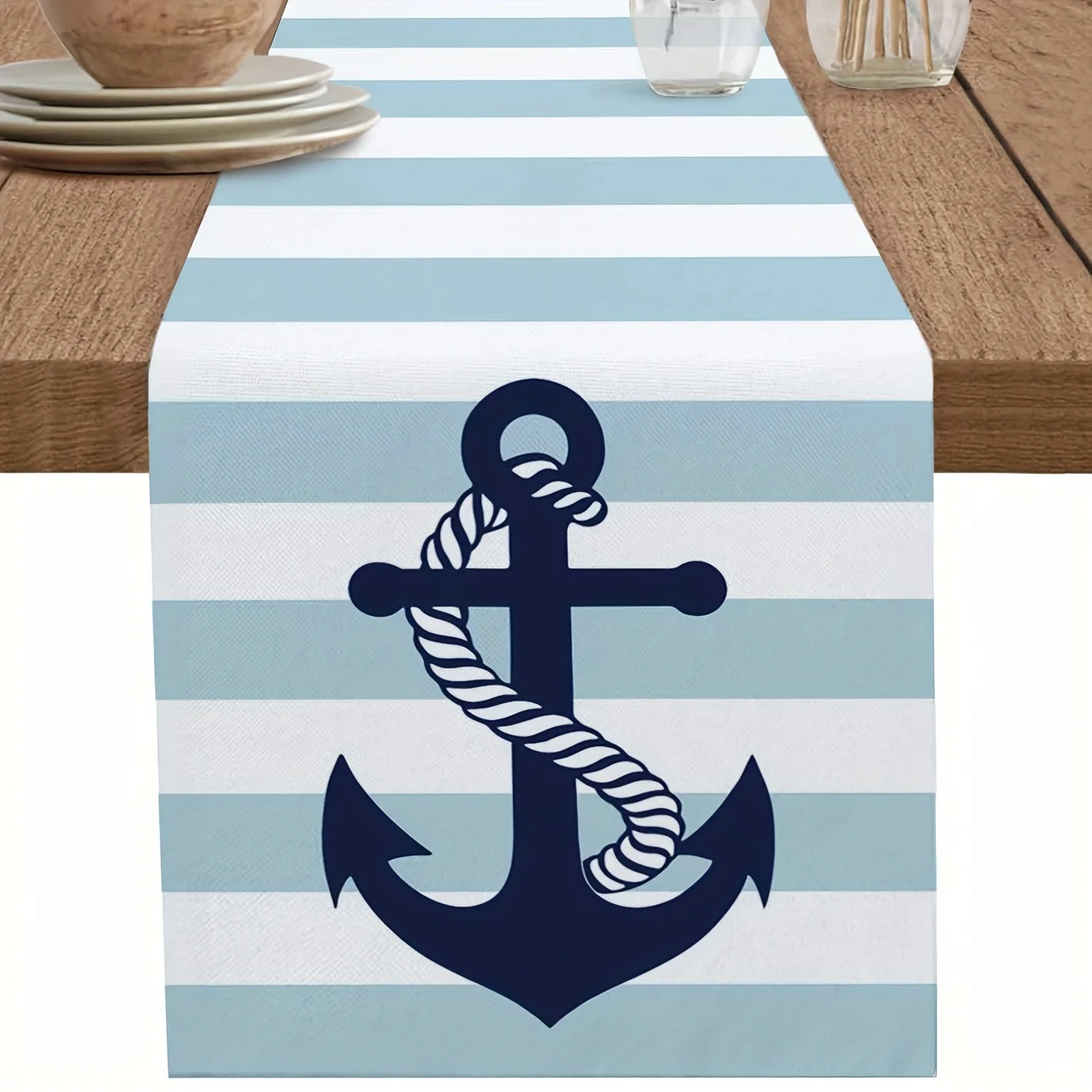 1pc Nautical Navy Anchor Burlap Table Runner For Party Kitchen Dining Table Decor For Family Dinner Gathering Parties Whi