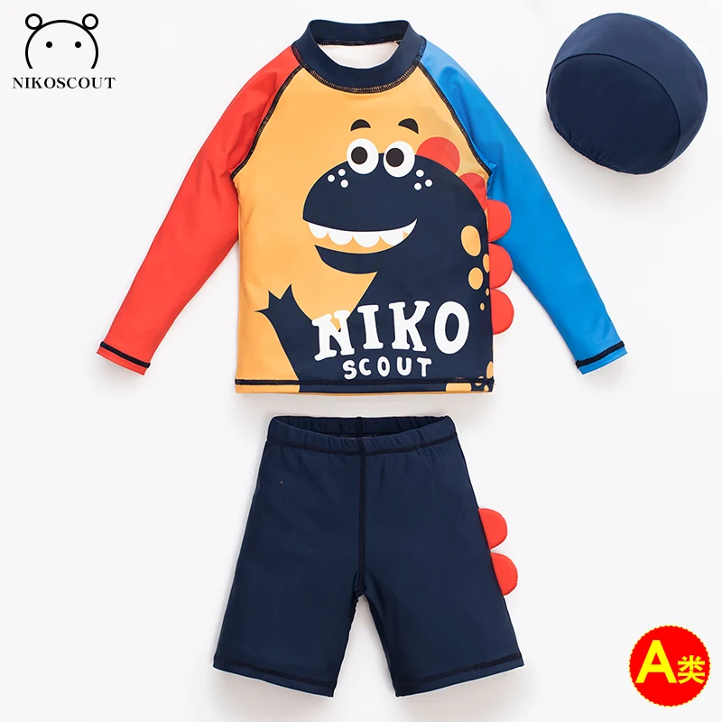 Children's Swimsuit Quick-Drying Baby Boy Two Years Old 3 Years Old Split Sunscreen Long-Sleeved Kidsren's Summer Cute Dinosaur Swimsuit